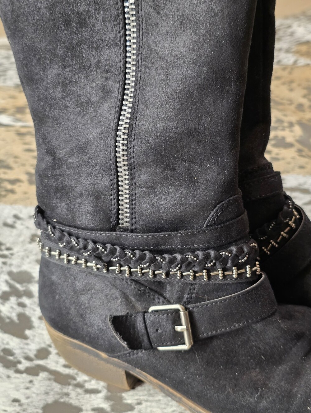 Kohl's Black Suede Knee-High Boots with Decorative Zipper & Buckle - Picture 5 of 8